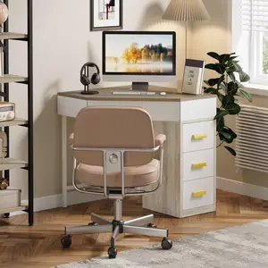TRIBEWOOD Corner Desk, Triangle Computer Desk with 3 Drawers, 90-Degree Writing Desk PC Table Makeup Vanity Desk with Storage for Home Office, Living Room, Bedroom