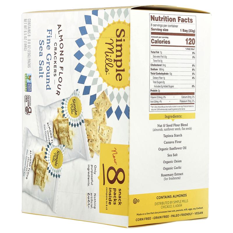 Simple Mills Almond Flour Crackers, Fine Ground Sea Salt, 8 Packs, 0.8 oz (23 g) Each