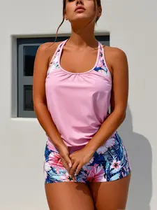 2-Piece Pink Tropical Floral Tankini Bathing Suit Set - True-to-Size, Quick-Dry Nylon Blend Solid Top with Removable Pads, High-Waist Cut Printed Shorts,summervibes
