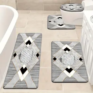 3pcs/4pcs Stylish And Minimalist Gray Background Geometric Pattern Bathroom Mat Set, Including Toilet Seat Cover And Carpet, U-Shaped Foot Mat for Bathroom Decor