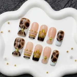 Divineluxe Nails｜10PCS 100% Handmade Press-On Nails｜Reusable Colorful Art Acrylic Stylish｜Tortoiseshell & Gold Star｜D151 1.0 Inch