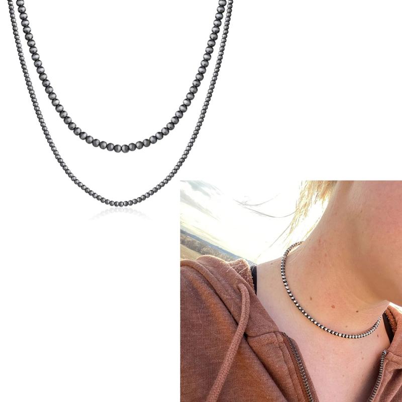 Vintage Grey-Pearl Beaded Layered Necklace Western Faux Navajo Pearl Beaded Necklace Statement Jewelry Clavicle Chain