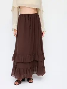 Cider Chiffon Mid Rise Drawstring Ruffled Tiered Maxi Skirt