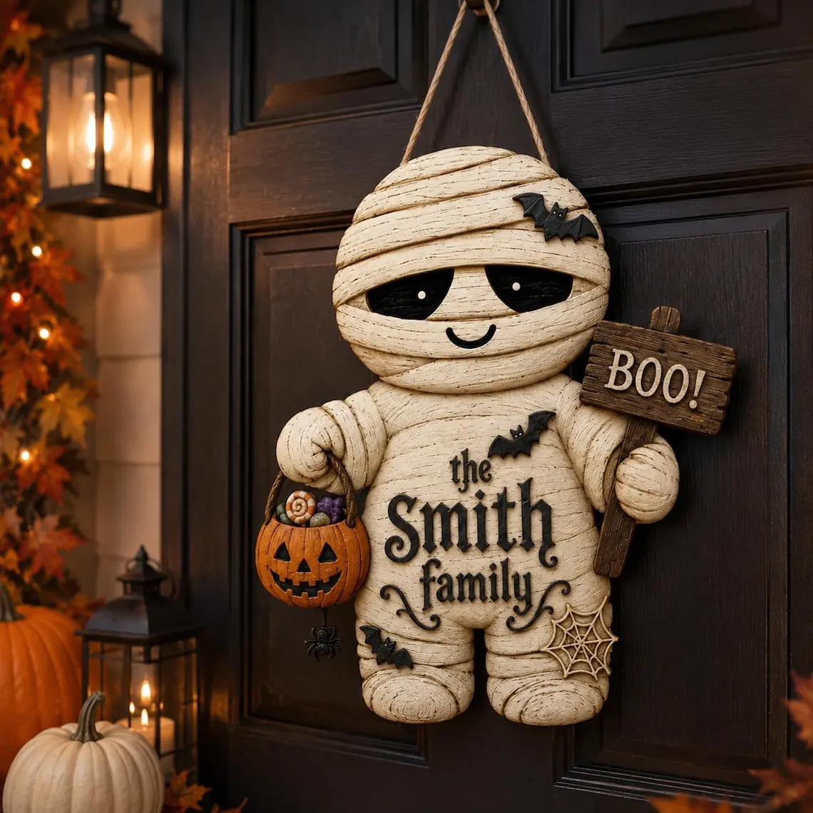 Personalized Halloween Mummy Door Sign, Custom Family Halloween Door Hanger, Cute Mummy Welcome Sign, Spooky Fall Decor