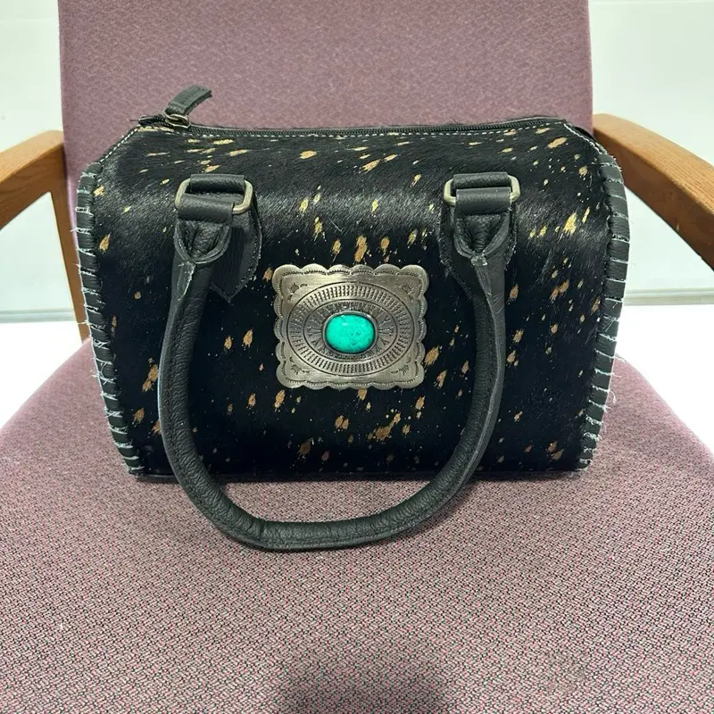 MEDIUM Black Speedy Bag with Gold Accents and Turquoise Gem Stone for Women
