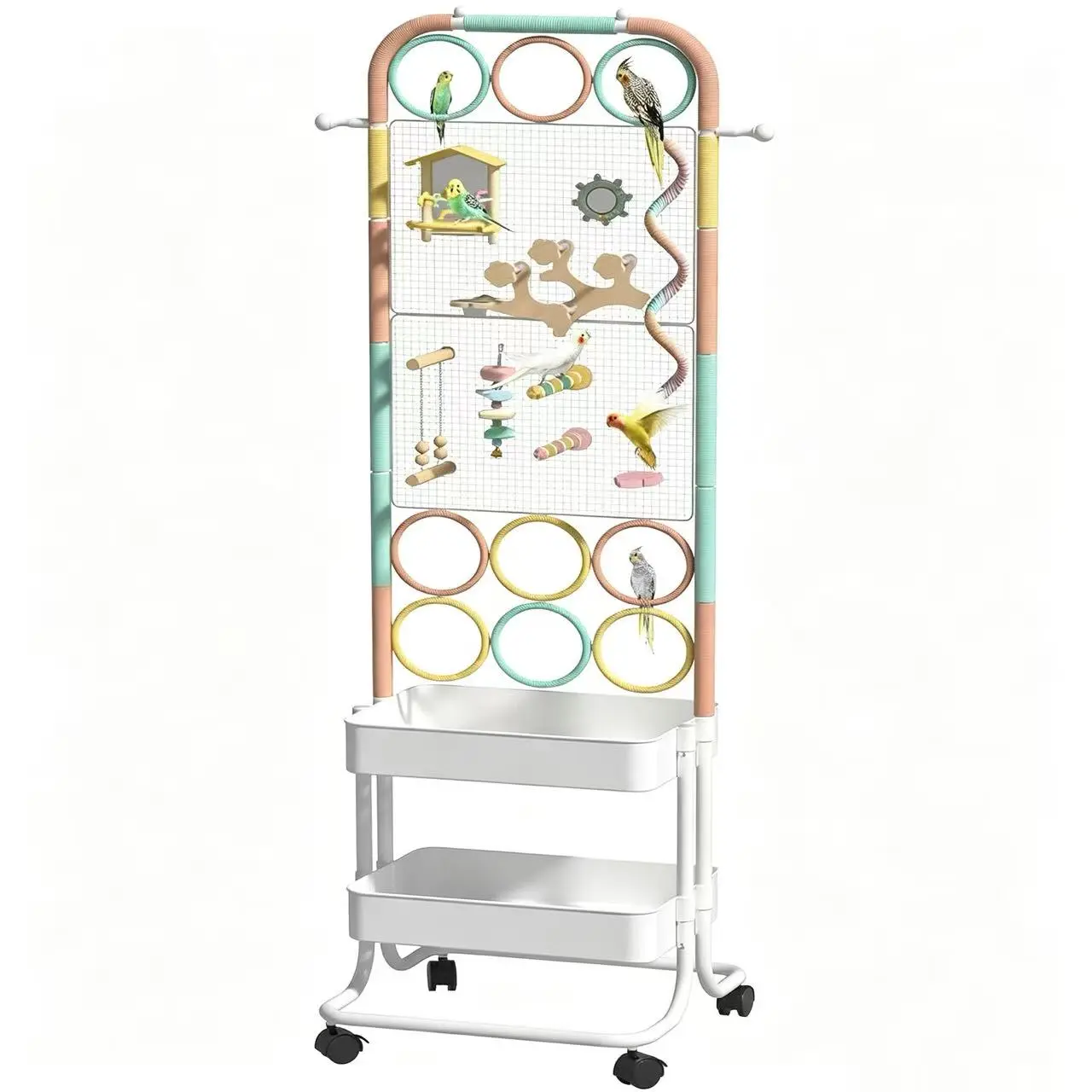 Large Bird Playground, Parrot Perch Stand with Toys DIY Zone, Wheels, Toilet, Storage Space, Bird Stands for Inside Play Gym Stand for Parakeet Conure Cockatiel Lovebird Budgie African Greys