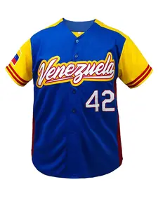 Men's Venezuela #42 Baseball Jersey, Breathable V Neck Short Sleeve Baseball Shirt, Embroidered Button Front, Sporty Long Tee for All Seasons