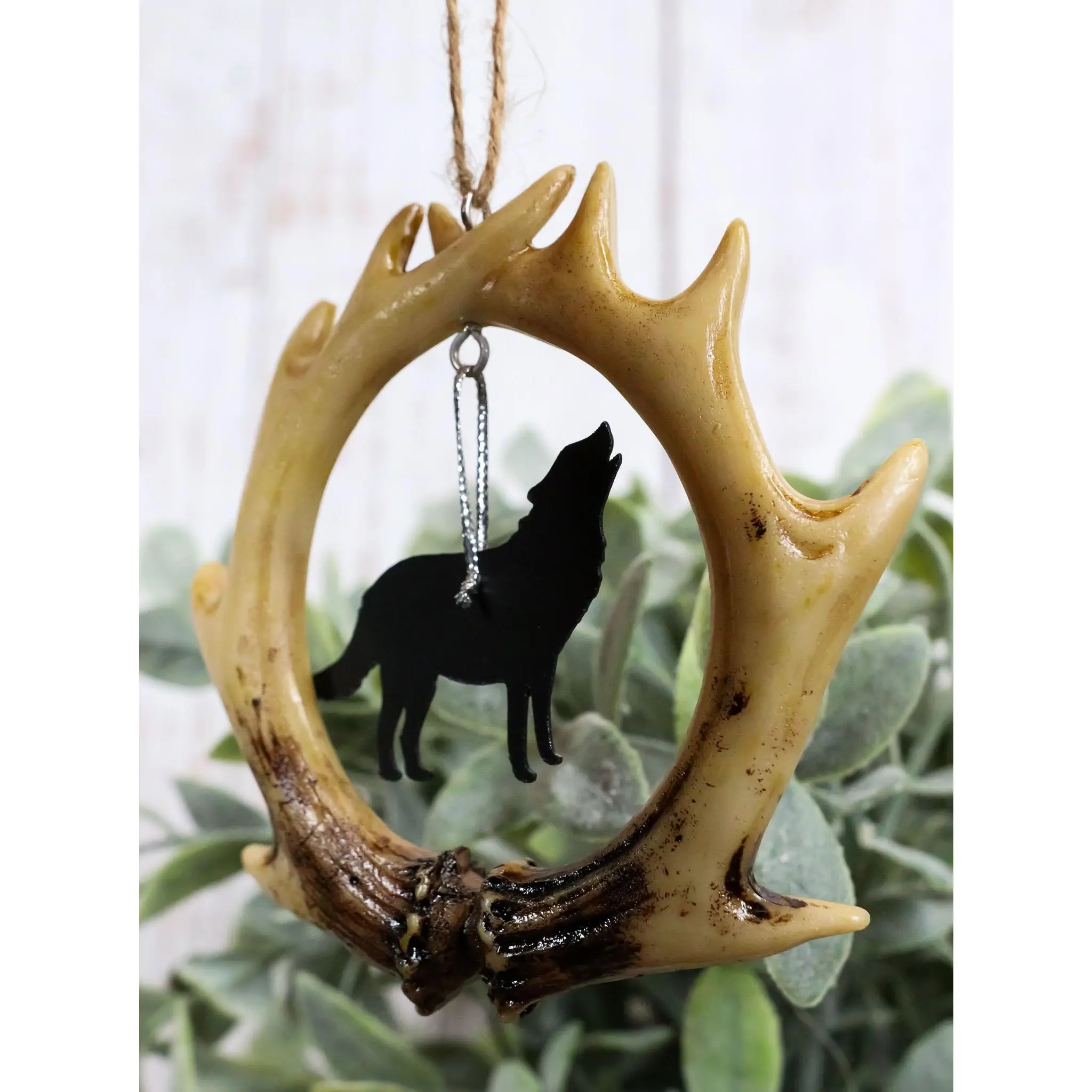 Metal Hollow Rustic Western Deer Antlers & Howling Gray Wolf Christmas Tree Ornaments - 2-Pack Home Decor Window Accents Decoration