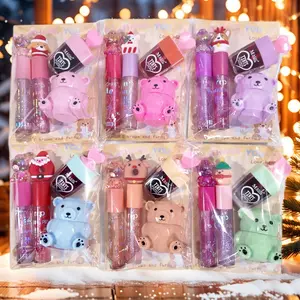 Cute Bear Lip Gloss Set, Carnival Gift, 4pcs Moisturizing Lip Balm, Transparent Shimmer Lip Oil, Matte Jam Color, Holiday Beauty Combo, Cosmetic