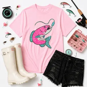 Pink Fish & Bait Fishing Sequin Patch Tshirt