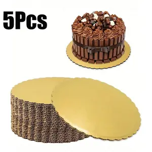 5PCS Golden Round Cake Board, Cake Stands, Scallop Edge Grease Proof Cakeboard, Thick Sturdy Base Cakeboard, Grease Proof Cake Plate For Wedding, Birthday Party And Holiday, Ideal For Professional Cake Decorating And Presentation