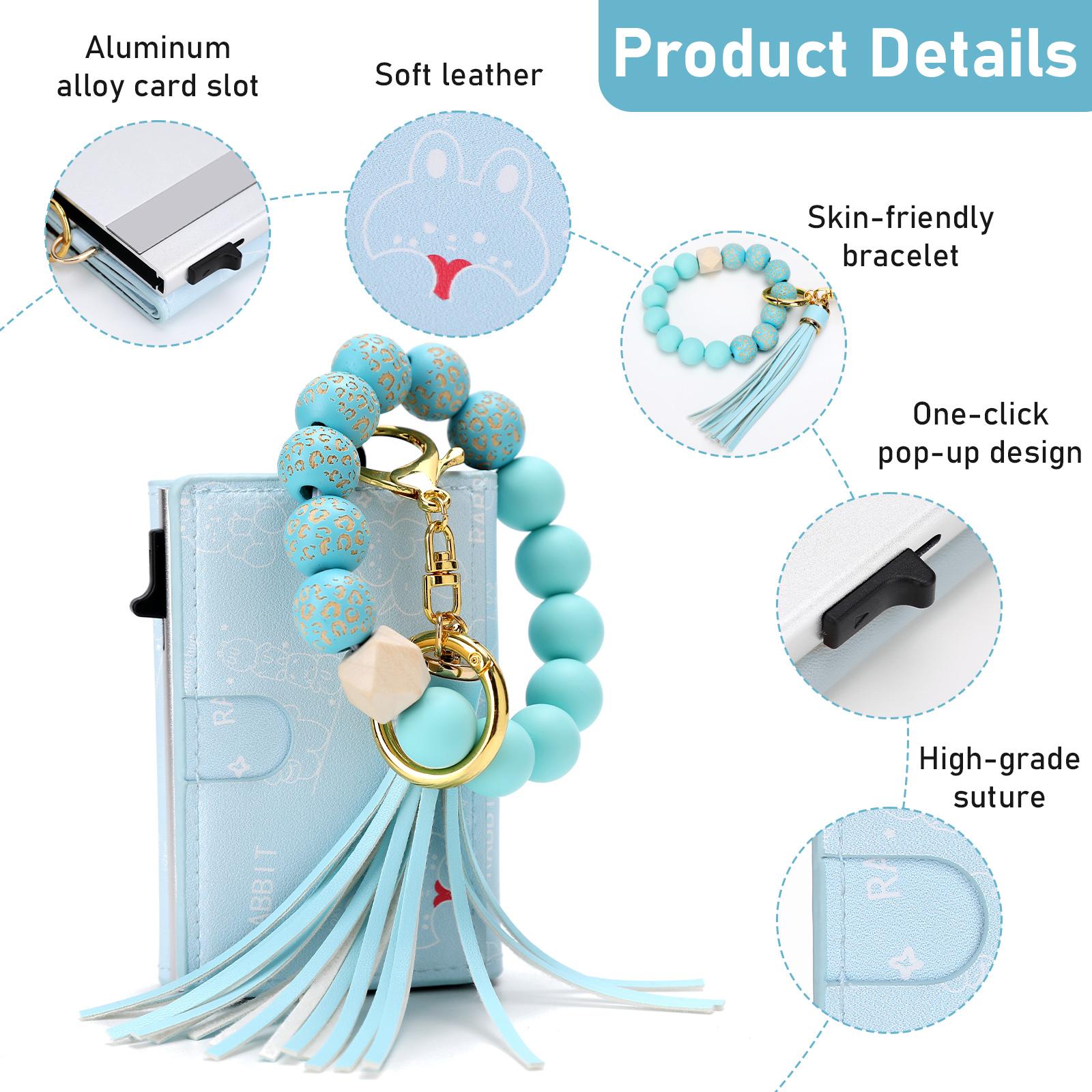 Leather Wallet Card Holder with Boho Style Bracelet - Pop Up Aluminum Case,Slim,Minimalist 9-14 Card Capacity | ID Window | Cash Slot,Gifts for Women,Mother's Day Present