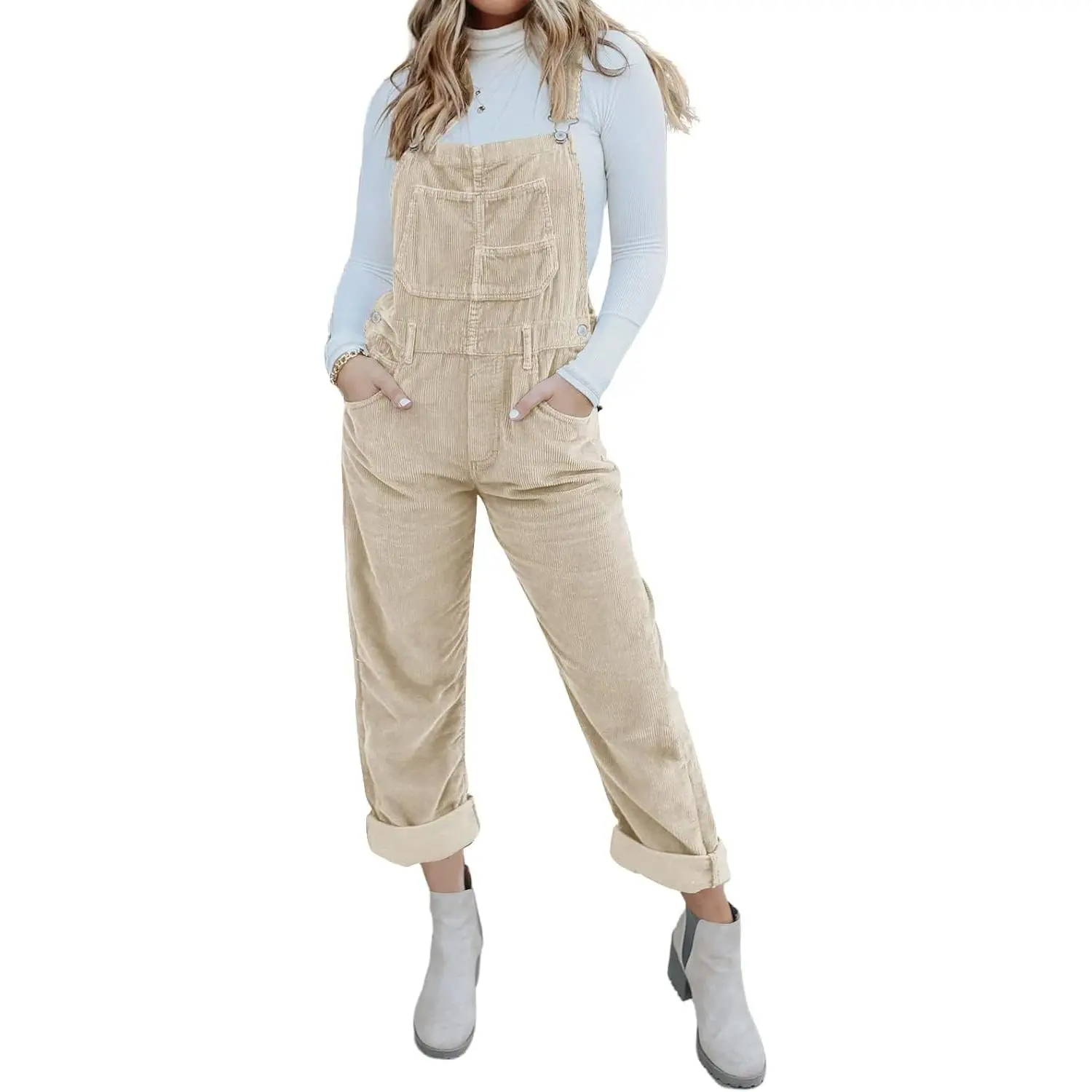 Women's Strappy Corduroy Overalls - Adjustable Straps, Baggy Bib Jumpsuit, Casual Design, Functional Pockets