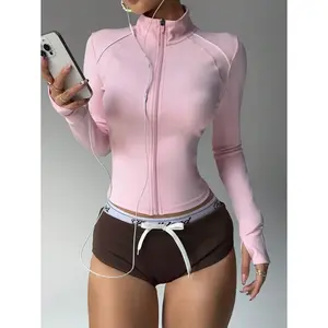 Sporty Chic Contrast Color Zip Up Fitted Yoga Jacket, Elegant Design For Workout, Daily Life & Casual Wear