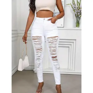 Women's high waisted tight fitting ripped denim pants, women's long stretch pencil jeansRAIMENTRY