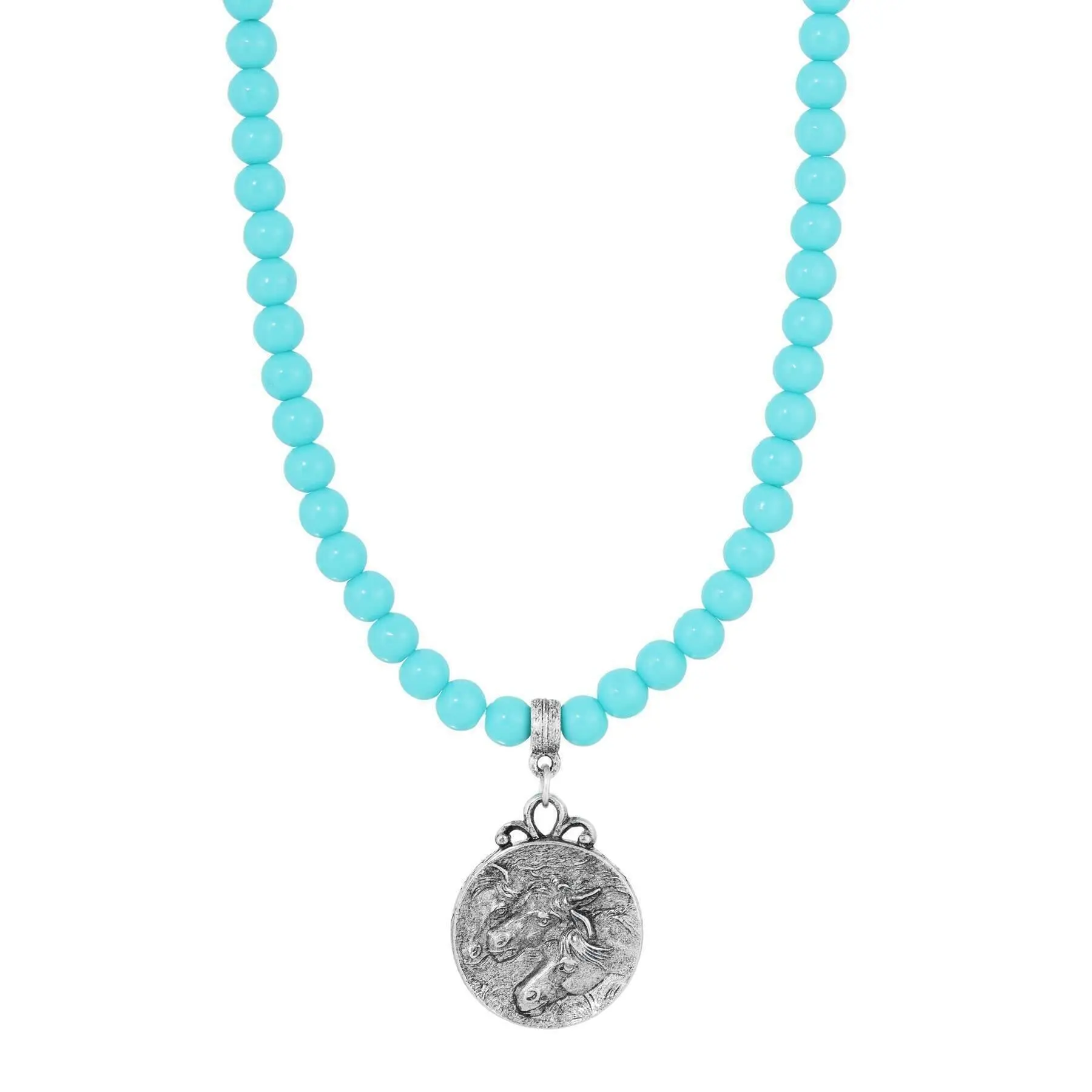 1928 Jewelry Turquoise Beaded Strand Horse Pendant Necklace 15" + 3" Extender