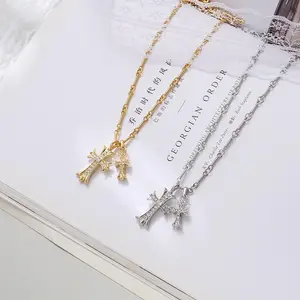 Double Cross Vintage Cross Long Pendant Necklace with Stainless Steel Choker, Gold Cross Pendant, Elegant Design for Women, Perfect Gift for Weddings