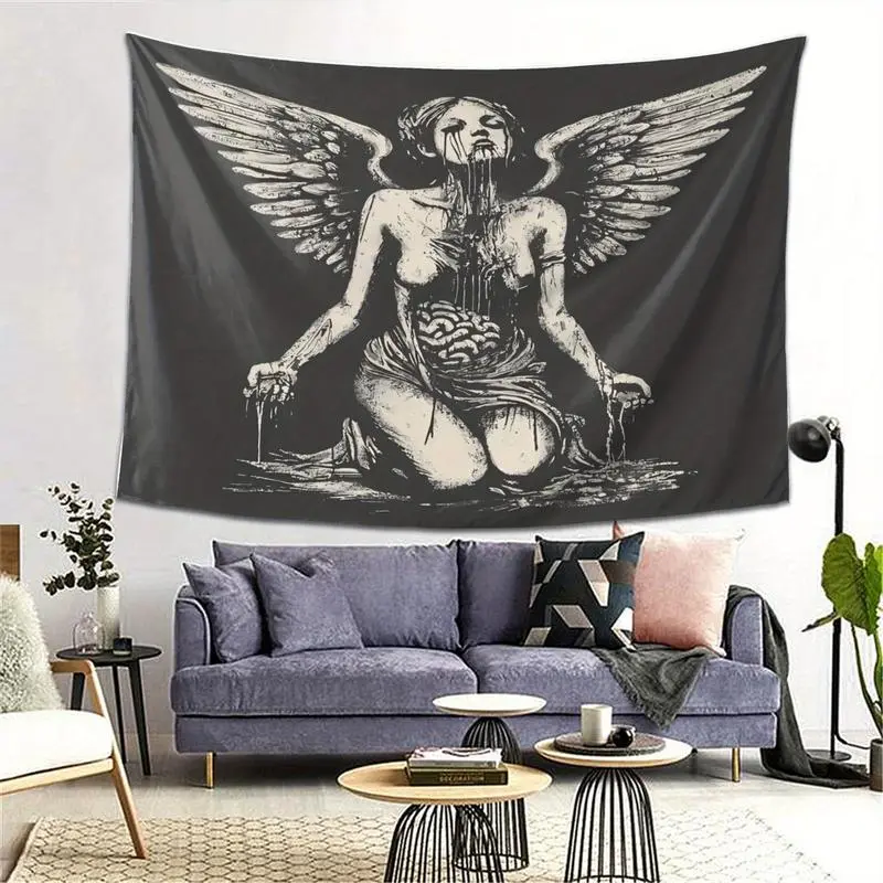 Spooky Gothic Angel Artistic Tapestry Wall Hanging - Durable Polyester Home Textile, Dark Background with Winged Figure & Intricate Design, Aesthetic Room Decor Inspo for Living Room (Size Option Included)