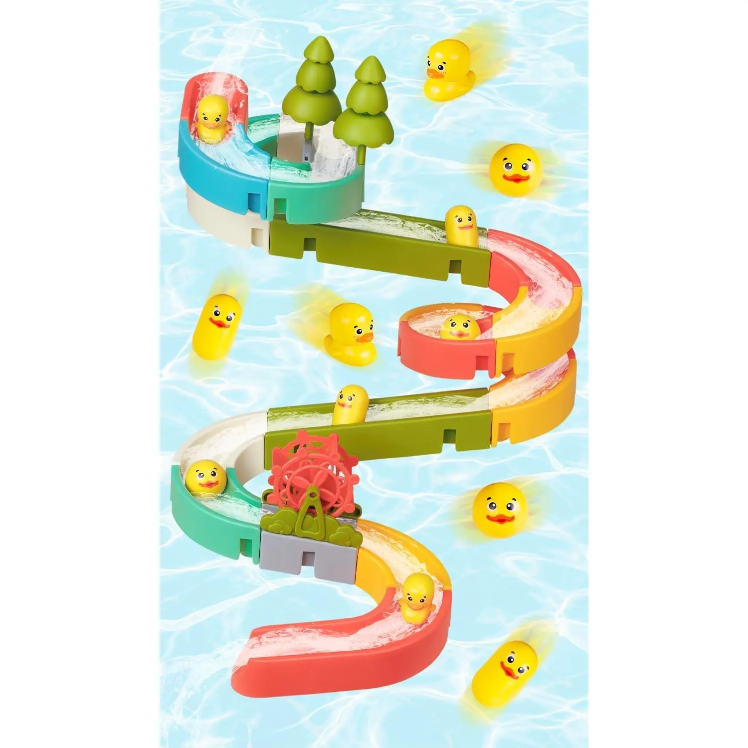 X-TBT11 38 PCS Unisex Rubber Duck Slide DIY Building Kit with Bricks & Stainless Steel Parts, Suction Play Toy for 3-6 Years Kids, Bathtub Toy, Adorable Rubber Duck Assortment Gift