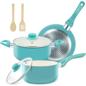 Pots and Pans Set, 7 Piece Nonstick Ceramic Cookware Set, Induction Kitchen Cookware Sets, Pots and Pans Non Stick with Stay Cool Handle, 100% PFOA Free, Turquoise