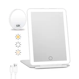 Rechargeable travel makeup mirror with light and 10x magnifying glass, portable illuminated makeup mirror with 80 LEDs, 2000mAh battery, 3-color lighting, touch dimming, desktop illuminated mirror