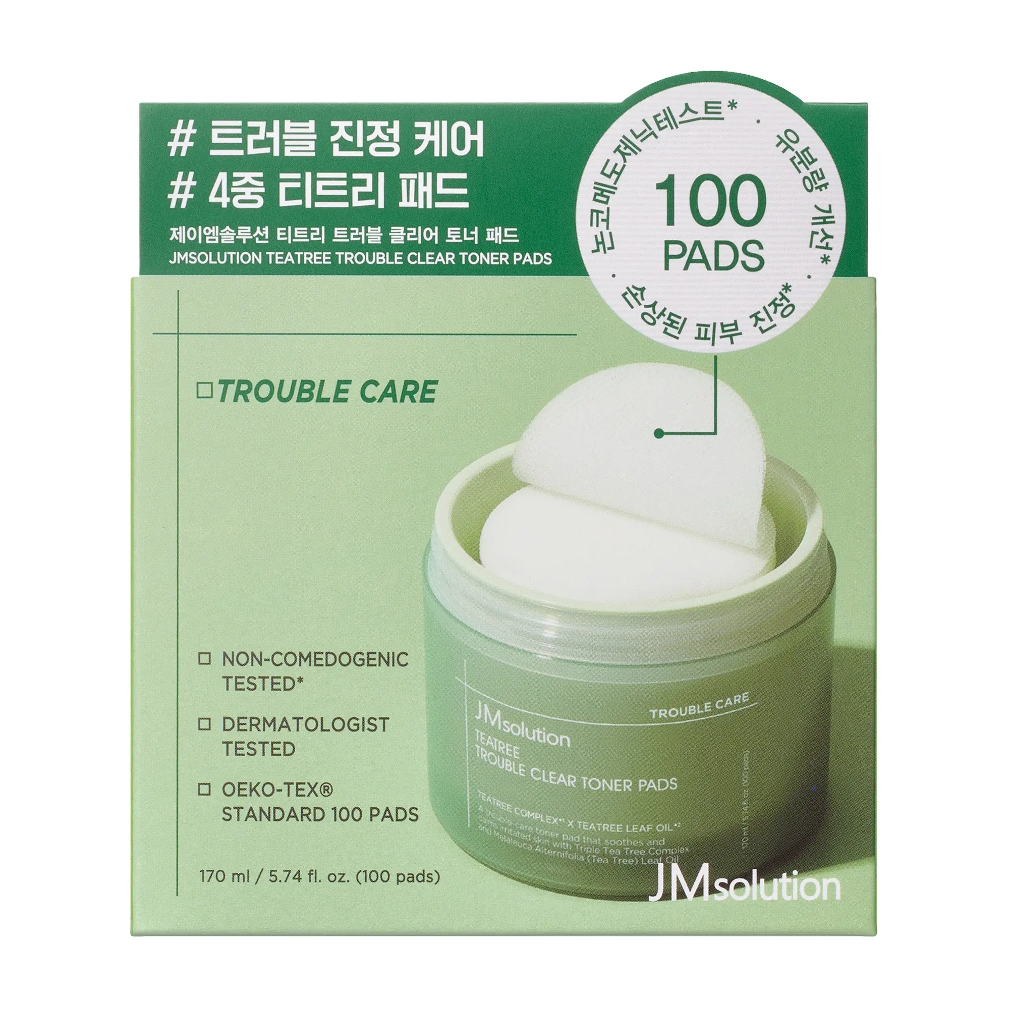 JMsolution Teatree Trouble Clear Toner Pads - Acne & Sebum Care, Non-Comedogenic, OEKO-TEX Certified, 100 Pads