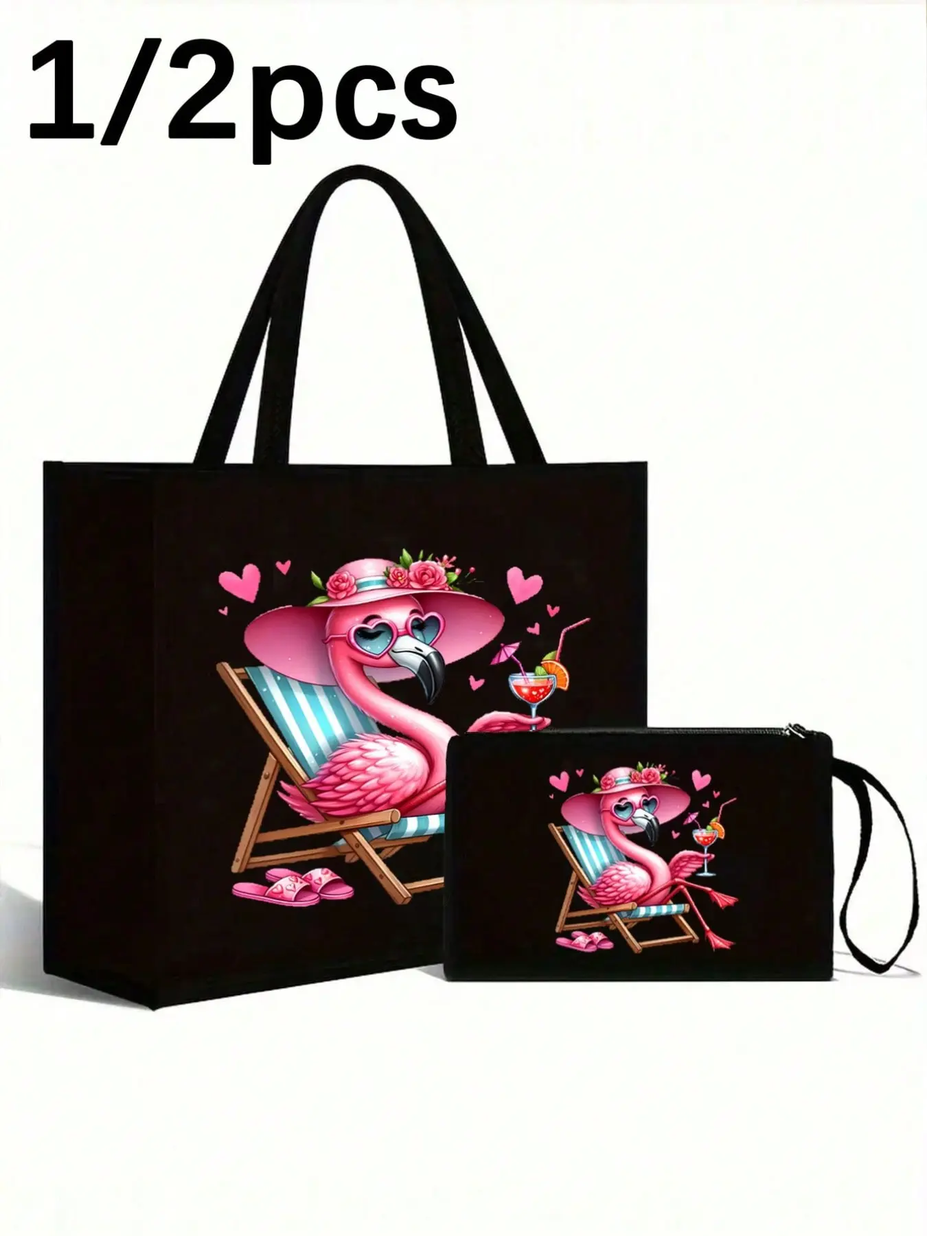 Large Capacity Cute Cartoon Flamingo Print Handbag Set, Women's Shoulder Bag Makeup Bag, Travel Beach Shopping Bag, Foldable Reusable