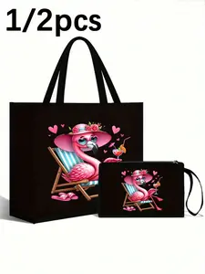 Large Capacity Cute Cartoon Flamingo Print Handbag Set, Women's Shoulder Bag Makeup Bag, Travel Beach Shopping Bag, Foldable Reusable