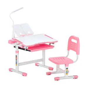 VEVOR Kids Study Chair and Desk Set, Study Desk and Chair for Kids with Table Lamp, Adjustable Height & 0-40° Tilted Desktop Kids Desk and Chair, Children Study Table for Bedroom & Study Room, Pink