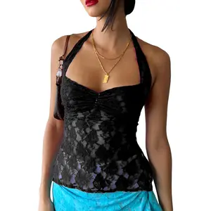 Women Fashion Tank Tops Lace Tie-Up Halter NeckSleeveless Vests Summer CasualFit T-ShirtsStreetwear Womenswear Check Light Tube Fabric Beach tank tops