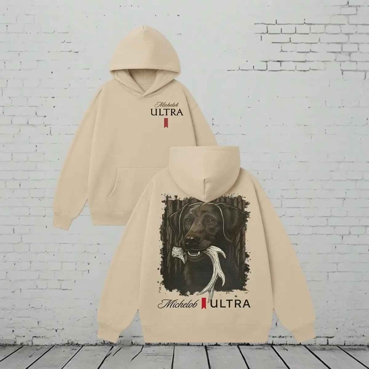 Local Men's Men's 250g Loose Michelob Ultra Hunting Dog Antler Graphic Hoodie, Casual Comfortable Pullover Hooded Sweatshirt, Beer & Hunting Style For Men's Fall Wear, Perfect Outfit for Hunting Lovers Unisex
