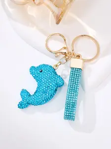 Full Rhinestone Clay Cartoon Ocean Series Keychain, Blue Dolphin Full Rhinestone Car, Flashy Couple Bag Charm, Cute Personal Gift