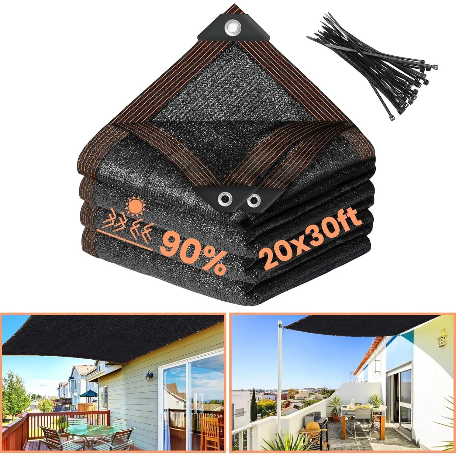 90% Black Shade Cloth- 20 x 30 FT Sunblock Garden Shade Cloth, Sun Shade Mesh Tarp with Reinforced Grommets for Greenhouse, Garden, Patio, Backyard, Plants, Chicken Coop, Pergola