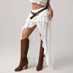 Women’s Floral Lace High-Low Tiered Ruffle Skirt with Elastic Waist — Casual Summer Streetwear Check