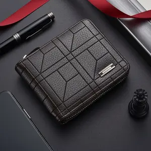 New Brand Men'S Wallet Men'S Short Wallet Youth Fashion Plaid Horizontal Soft Leather Wallet Large Capacity Multi Card Wallet