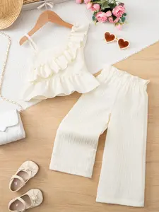 Girls Sweet Cream Set 1-8 Years, Ruffle Strap Top & Striped Wide Leg Pants, Lightweight Breathable Fabric, Casual Clothes Kids Summer Outfits Set, Fashion Style Sets