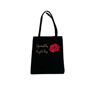 Spend Da Night Tote - Denim Bag with Red Satin Lining, 13-Inch Strap Drop, 15.5-Inch Width, Embroidered "Spend Da Night Bag" Text, Machine Washable