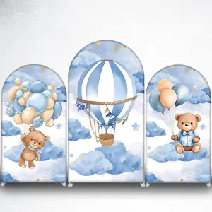 Blue and Beige Balloons Teddy Bear Arch Backdrop Cover for Baby Shower