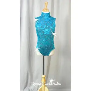 Teal Blue Floral Lace and Gray Lycra Leotard - Swarovski Rhinestones