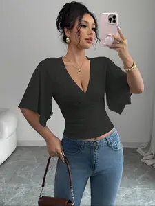 Elegant New Cross V-Neck Sexy Slimming Waist Fitted Batwing Sleeve Pure Color Solid Spring Top, Stylish Chic Women's Casual Fashion Blouse, Casual Tops