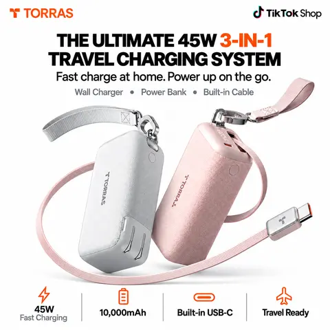 TORRAS PowerGo 3-in-1 GaN Travel Charger for iPhone 18 Pro, 45W Portable Charging System with 10,000mAh Power Bank & 3.3ft Retractable USB-C Cable, Travel Hook
