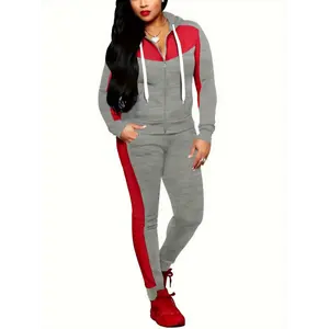 2025 Women's Color Block Zip-Up Hoodie and Jogger Set - Casual Long Sleeve, High Waist with Dual Pockets, Polyester Blend, Machine Washable, Wear Set | Trendy Outfit | Knitted Texture New clothing Ladies Tracksuit Sweatpants
