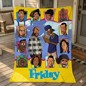 Stylish Anime Themed "Friday" Movie Print Flannel Blanket Cozy All Season Digital Print Flannel Vibrant Cartoon Characters Design for Living Room Bedroom Sofa Travel Camping Skin-friendly Lightweight And Soft