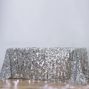 Sequin Rectangle Tablecloth 90"x132" Silver - Big Payette Seamless Table Cover