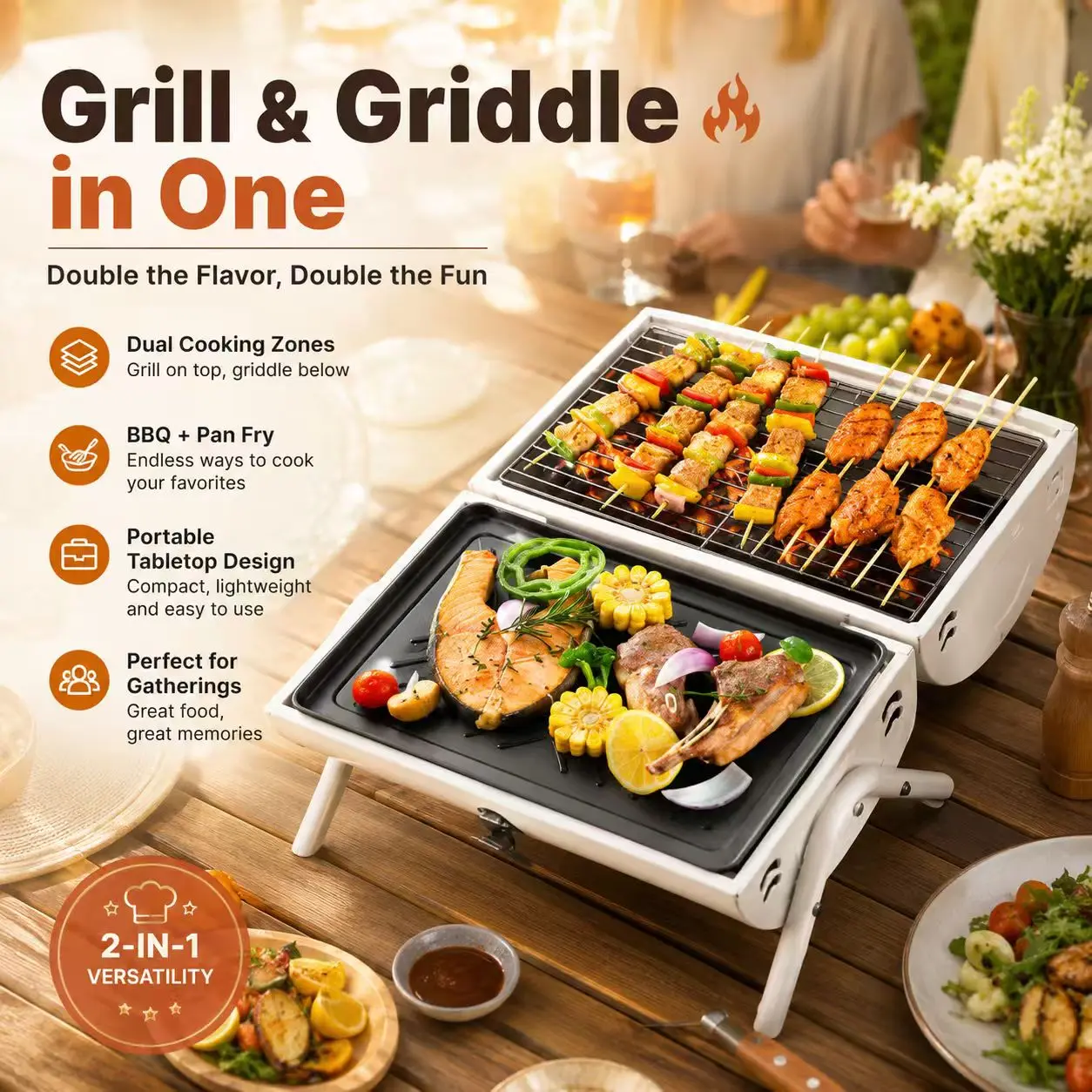 2-in-1 Portable Grill-Griddle, Tabletop BBQ for Family Gatherings, Backyard Parties, Outdoor Camping Home & Festive Supplies, Party