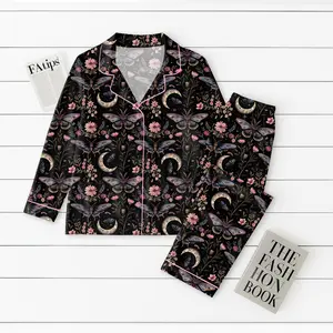 Night Garden Mystical Moth Magic Witchy Floral Satin Pajama Set, Halloween Magic Witchy Floral Pajama Sleepwear, Nighwear Set for Her