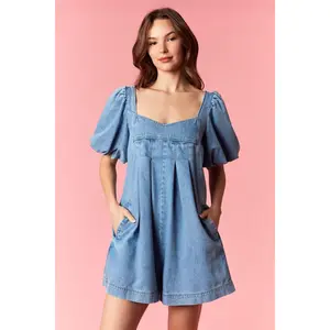 Stitch Detailed Bubble Sleeve Romper Denim