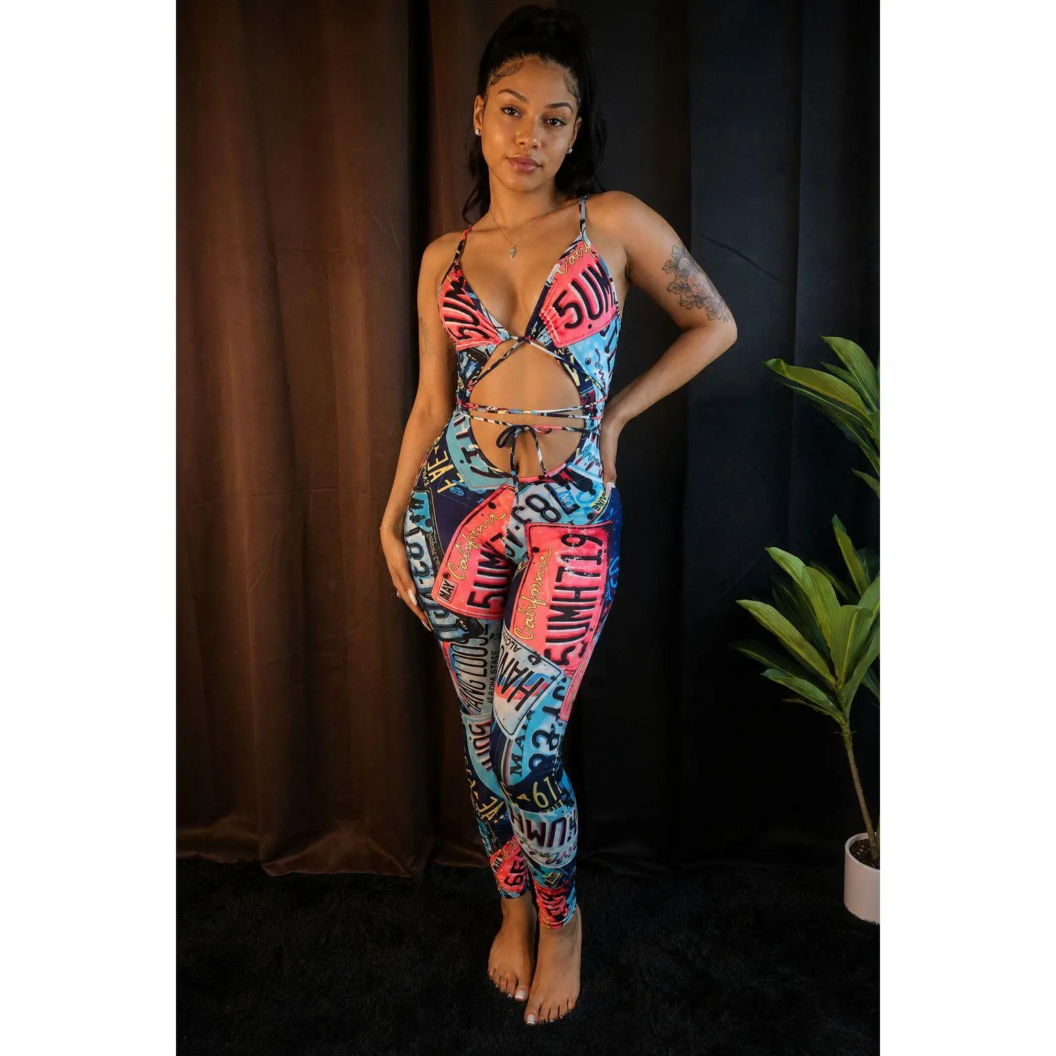On The Road License Plate Print Cutout Jumpsuit