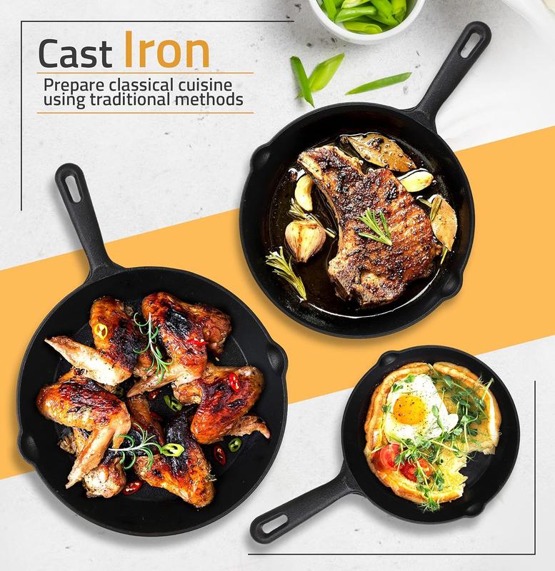 Saute Fry Pan Set - Pre-Seasoned Cast Iron Skillet Set 3-Piece - Frying Pan - 6 Inch, 8 Inch and 10 Inch Cast Iron Set (Black) - Cookware Oil Handles