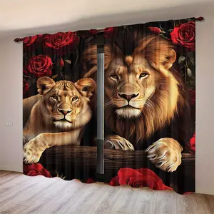 2 Piece Forest Lion & Rose Print Curtains, Half Light Blocking Polyester Fabric, Bedroom Living Room Office Home Decor